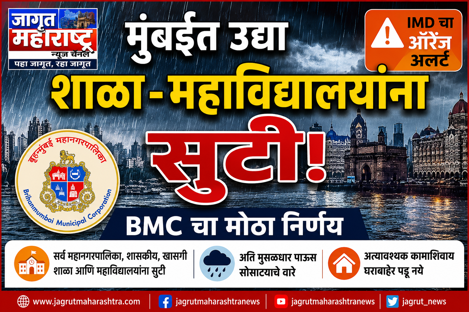 मुंबईत उद्या शाळा-महाविद्यालयांना सुटी! IMD चा ऑरेंज अलर्ट; BMC चा मोठा निर्णय 7 July 2026 School Close