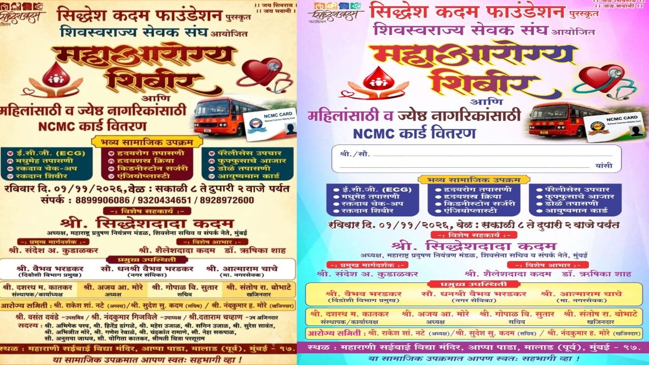 मालाडच्या आप्पा पाड्यात रविवारी भव्य महाआरोग्य शिबिर!; मोफत आरोग्य तपासणीसह महिला व ज्येष्ठांसाठी NCMC कार्डचे वाटप!